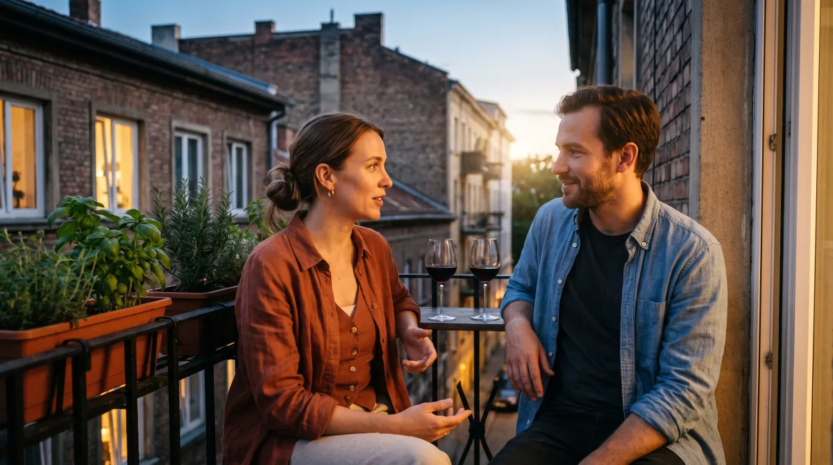 Two people talking on a balcony at dusk, one mid-sentence and the other listening closely