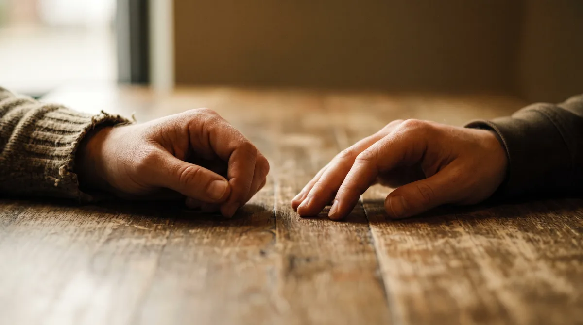 Two hands resting near each other on a café table, not quite touching