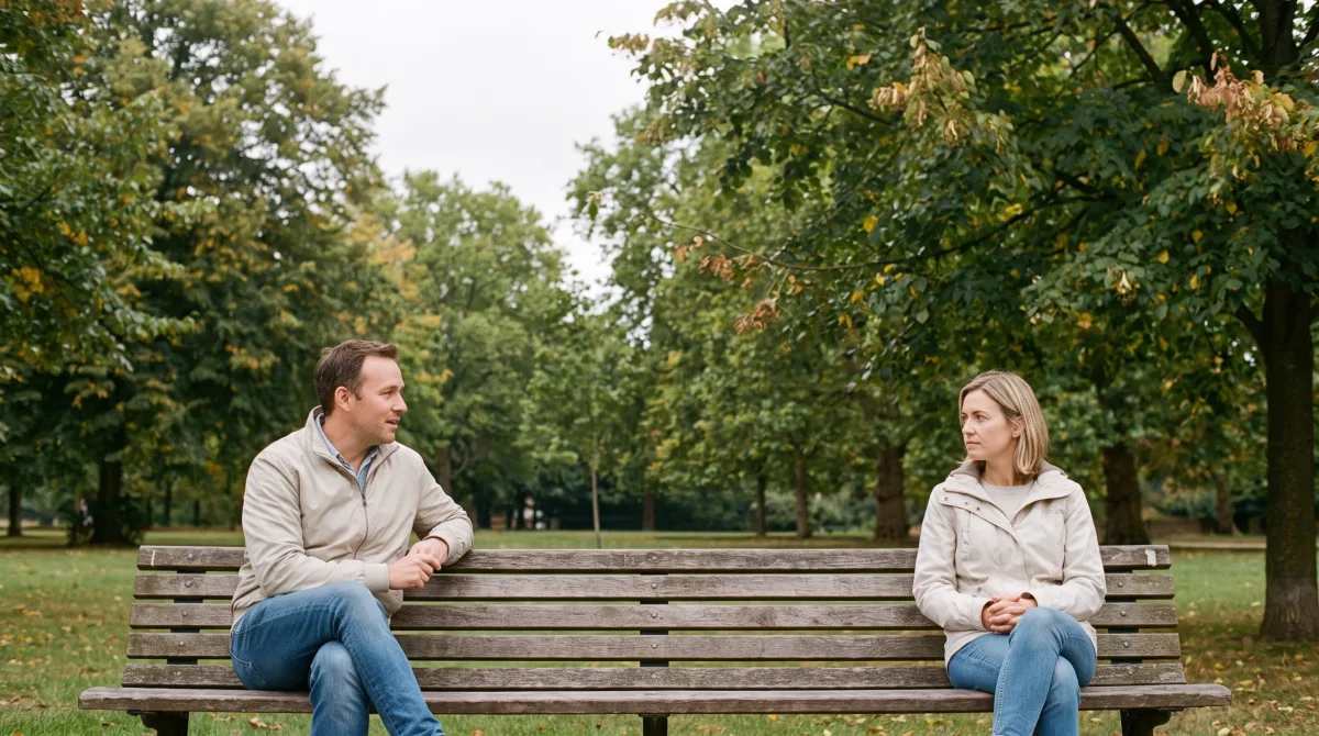 Two people sitting at opposite ends of a park bench in soft overcast light, one turned slightly toward the other mid-conversation