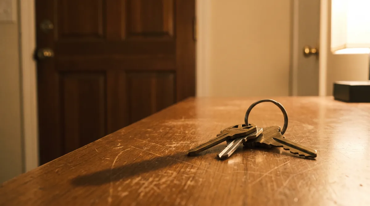 A single set of keys resting on a hall table beside a front door in low warm evening light