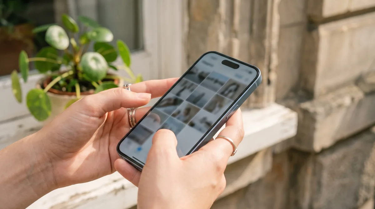 Close-up of young hands swiping a softly blurred grid of photos on a phone by a sunny windowsill