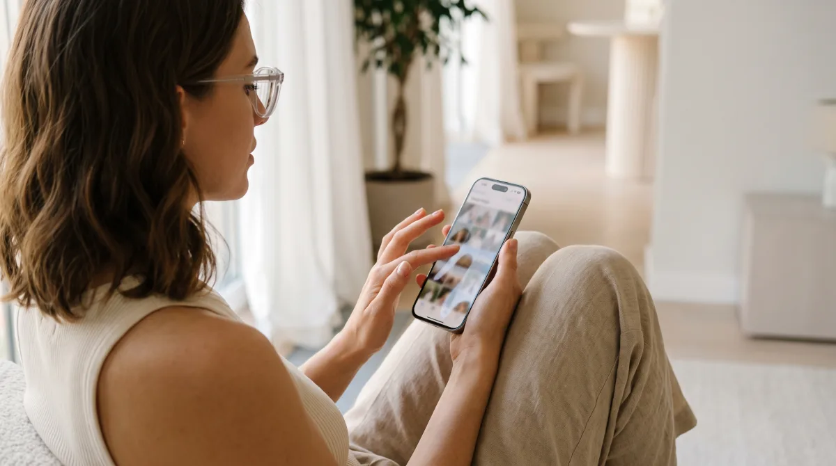 A stylish young woman by a bright window swiping through photos on her phone to choose a dating profile picture