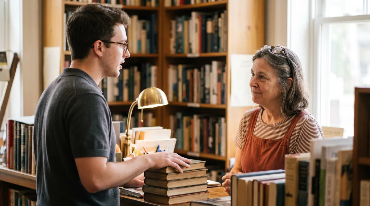 A quiet exchange at a bookshop counter between two people in soft indoor light