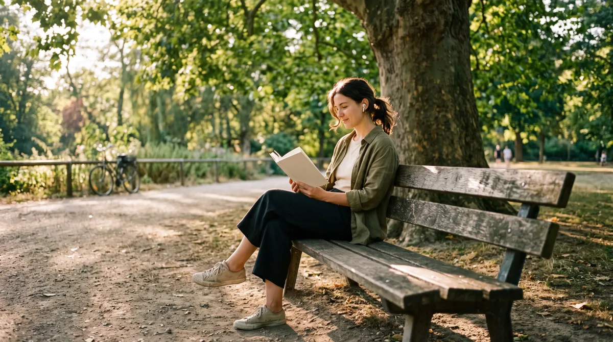 A person alone on a park bench under a plane tree in early-evening light, reading with one earbud in