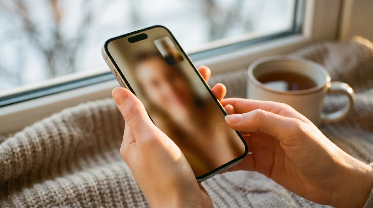 Close-up of young hands holding a phone showing one softly blurred video-call frame by a cozy window seat