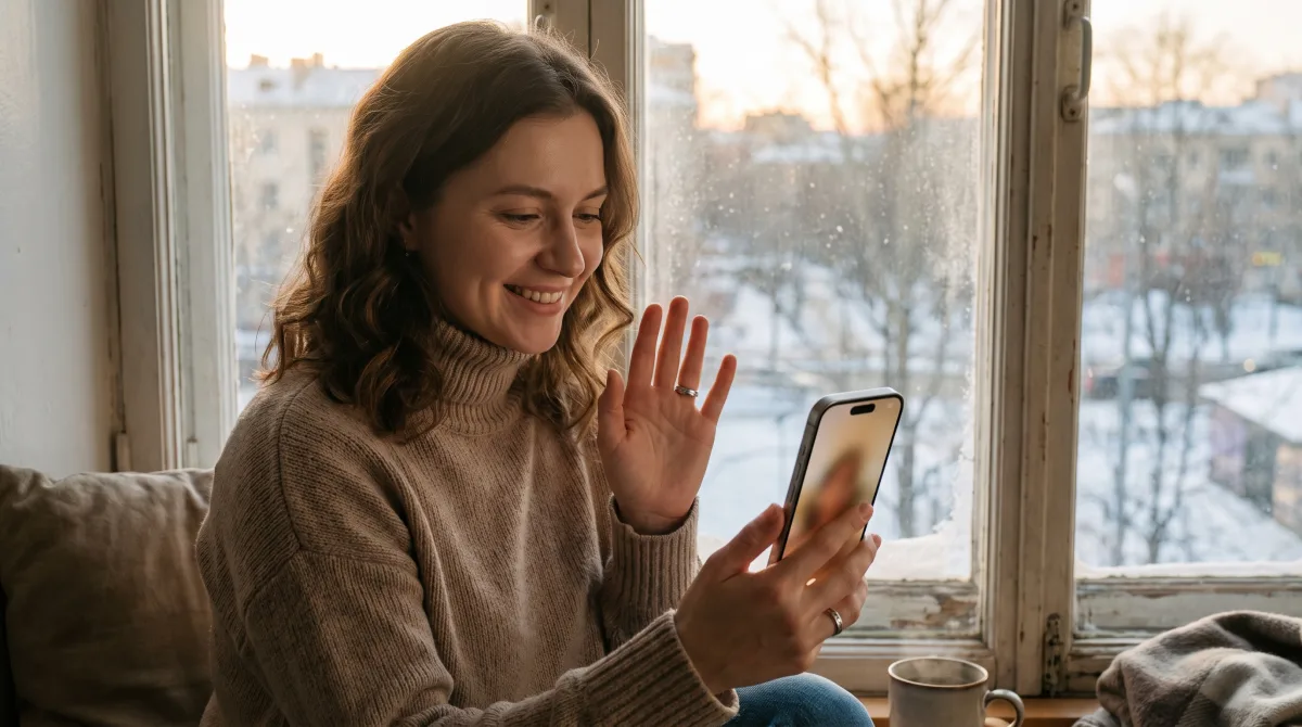 A young woman on a video call held on her phone, smiling warmly at the single screen by a golden-lit window