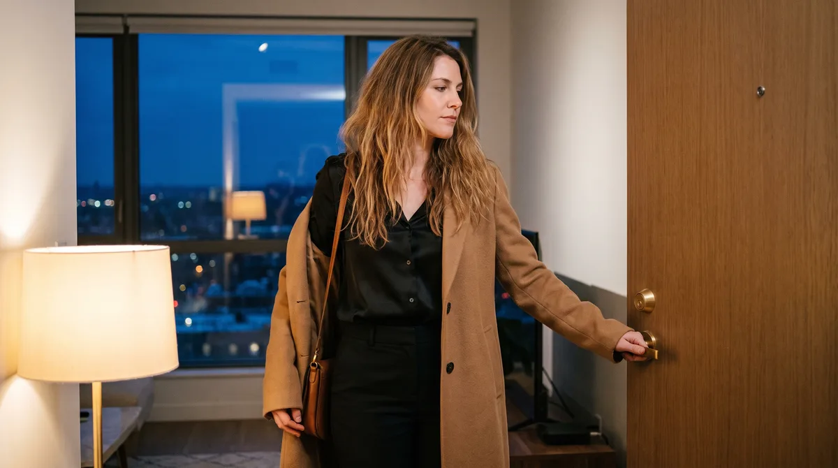 A woman alone in a softly lit room at dusk, hand resting on a doorknob, coat half on, about to step out toward city lights in the window