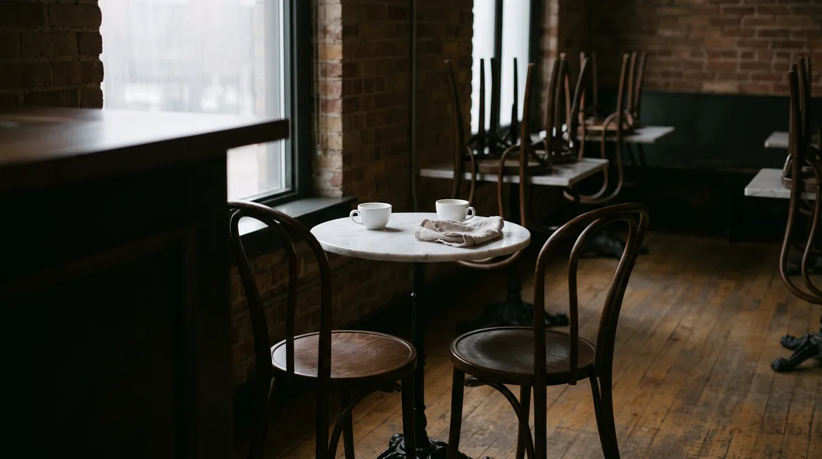 Two café chairs pushed back from a small round table at closing time, angled toward each other as if someone just stood up