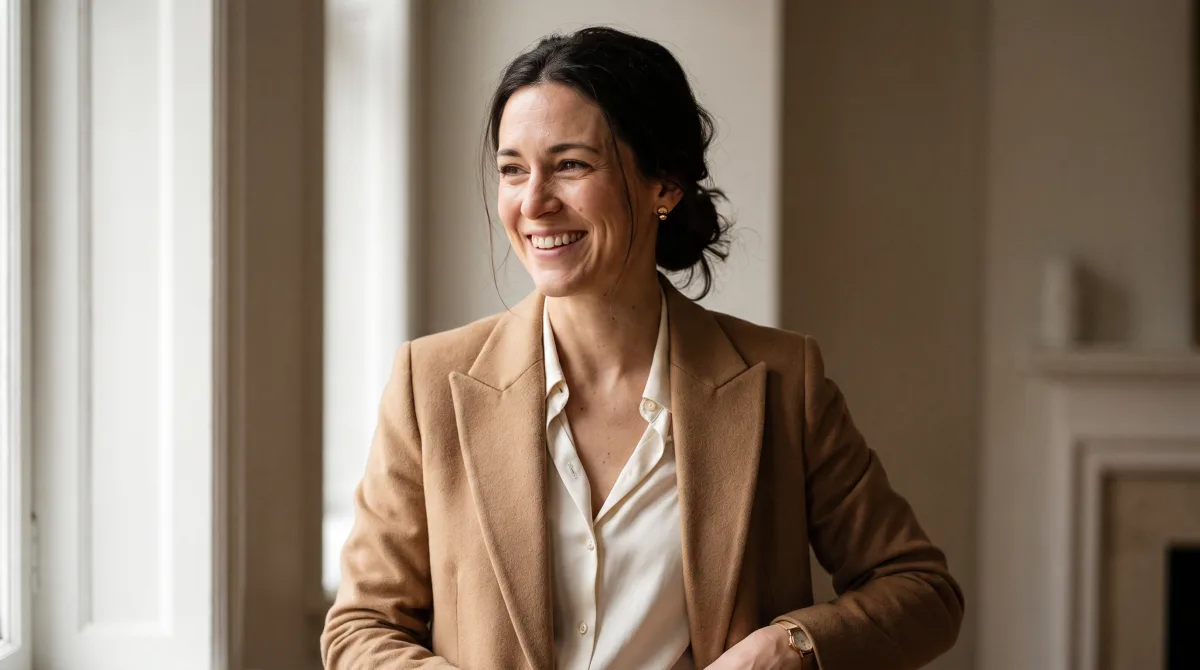 A woman in her early thirties smiling in soft daylight, in a camel wool jacket over an ivory silk blouse