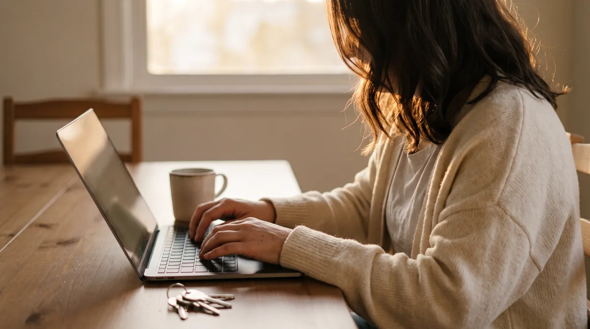 Over-the-shoulder view of a woman writing at a laptop at home, the screen soft and out of focus