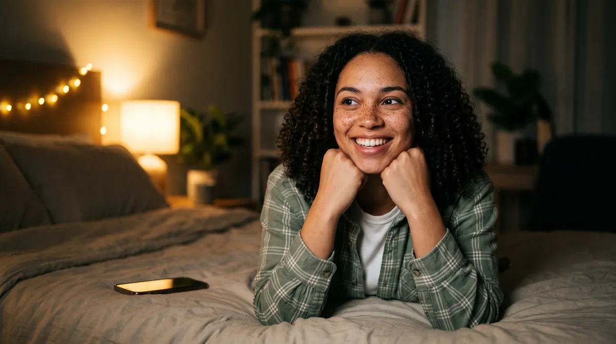 A woman lying across a bed at night, chin propped on both hands, grinning at something out of frame, fairy lights glowing behind her