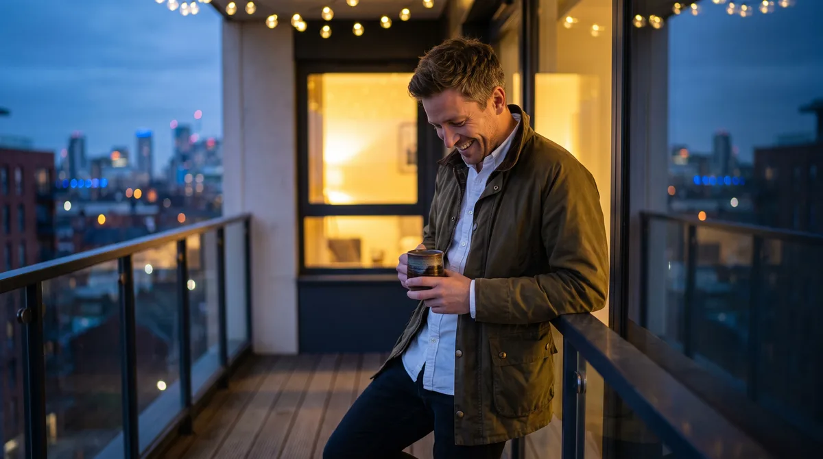 A man alone on a balcony at dusk, laughing quietly to himself while holding a warm mug, string lights strung above him