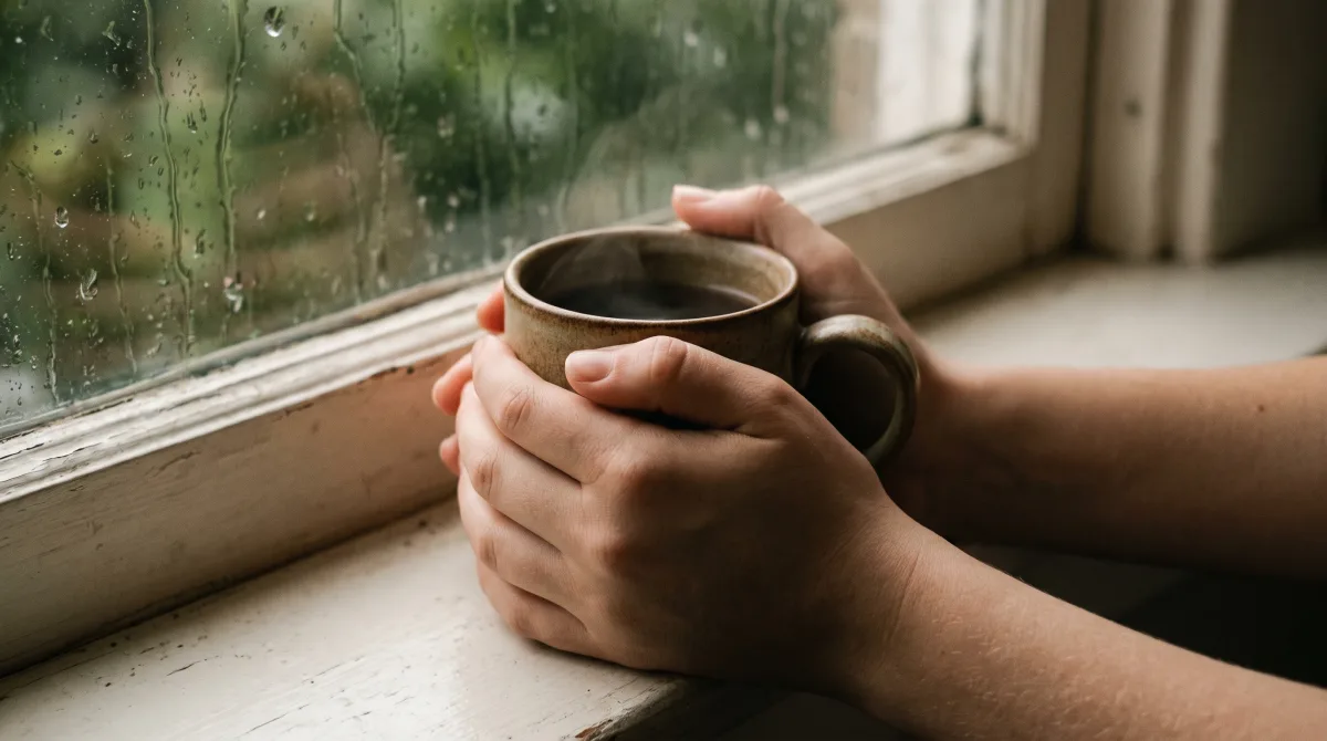Two hands wrapped around a warm mug on a windowsill, summer rain running down the glass beyond