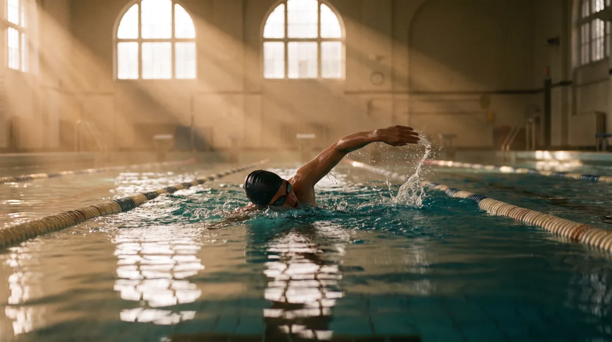 A lone swimmer mid-stroke in an empty lap pool, early morning light catching the surface of the water