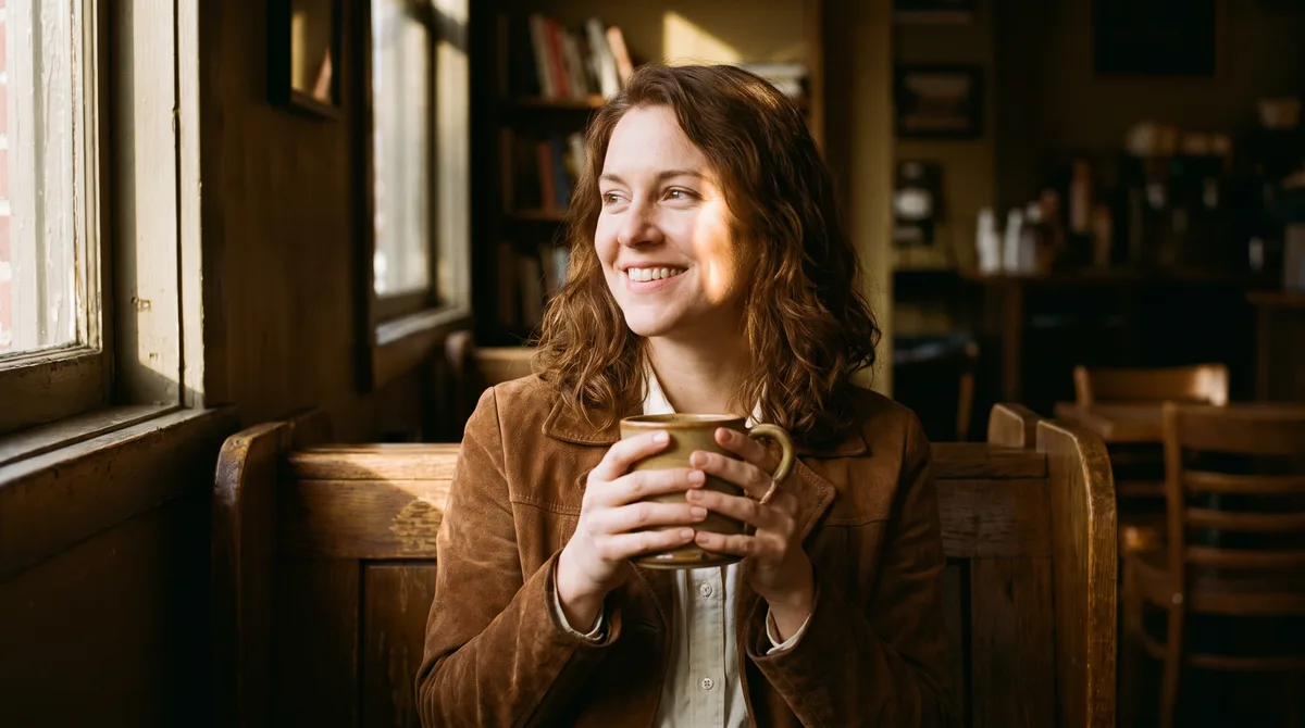A woman in a corner café seat in late afternoon light, both hands around a ceramic mug, smiling toward the window as if she has just remembered something funny