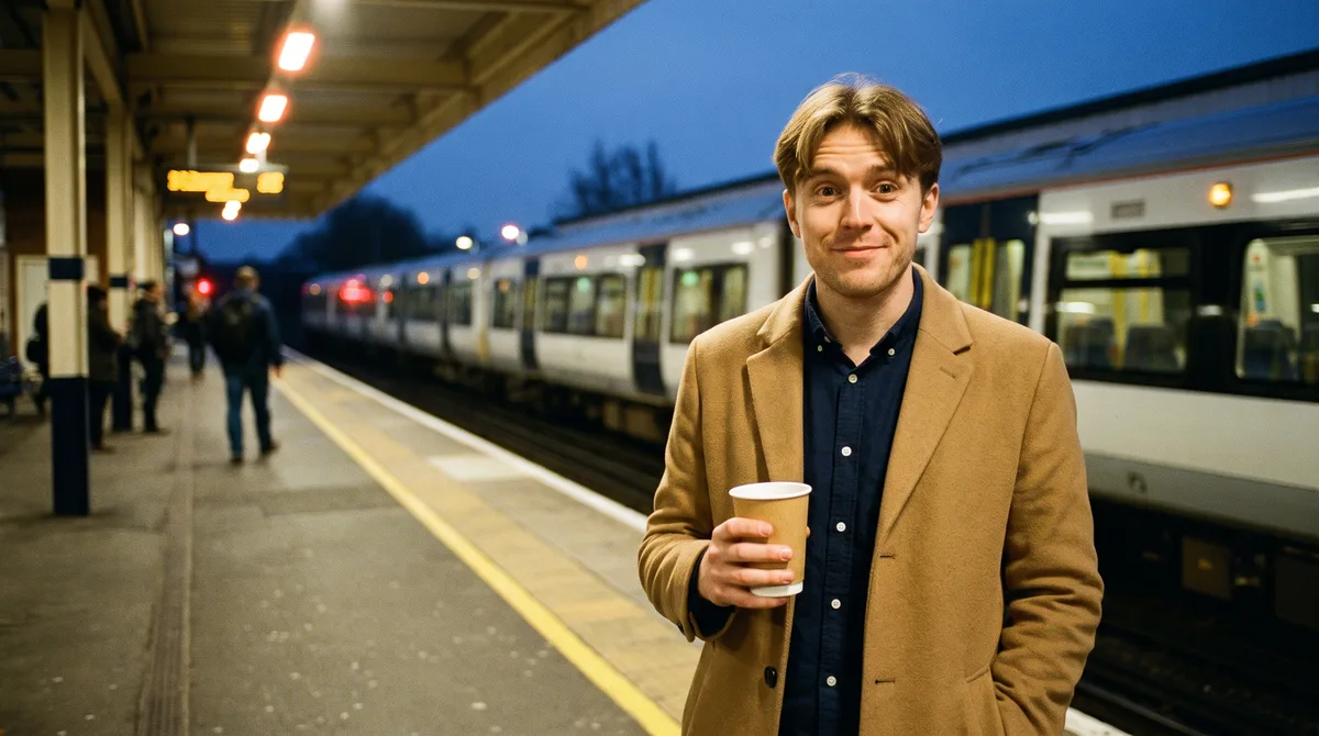 A man in a wool coat on a railway platform at dusk, a paper cup of tea in one hand, grinning at nothing in particular while the evening train pulls in behind him