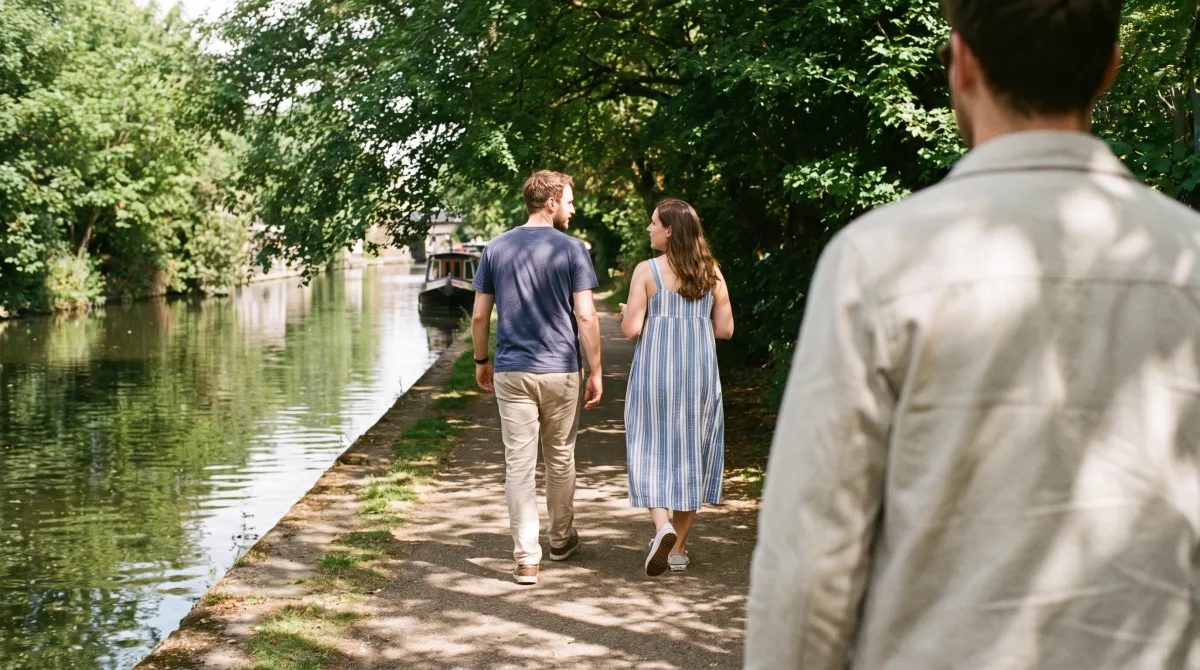 Two people walking a canal path in dappled afternoon light, mid-conversation and in step with each other