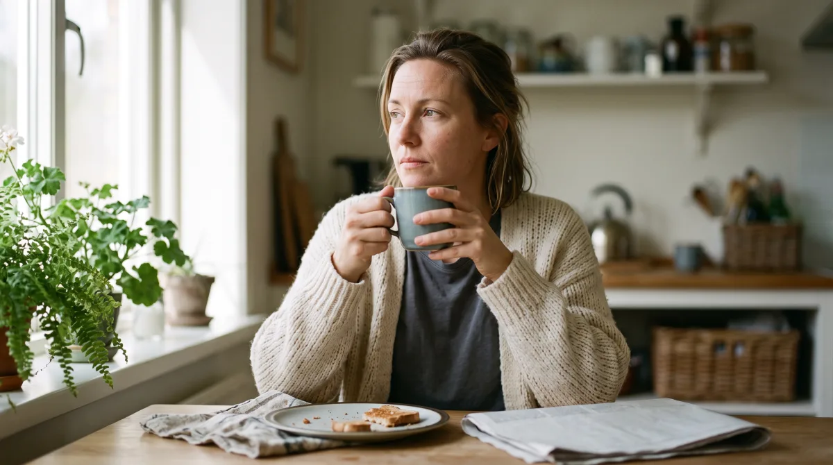 A person at a kitchen table in soft morning light, mid-thought over coffee and a folded newspaper, no phone in sight