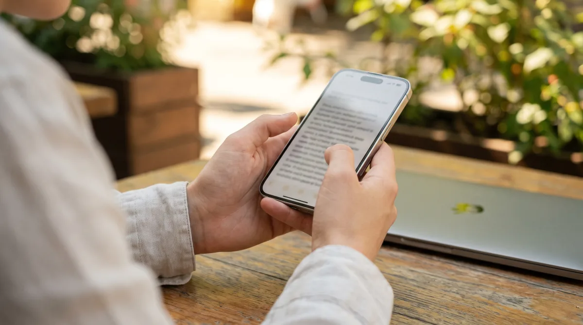 Close-up over someone's shoulder as a finger highlights a phrase on a phone screen showing abstract blocks of text, no legible words