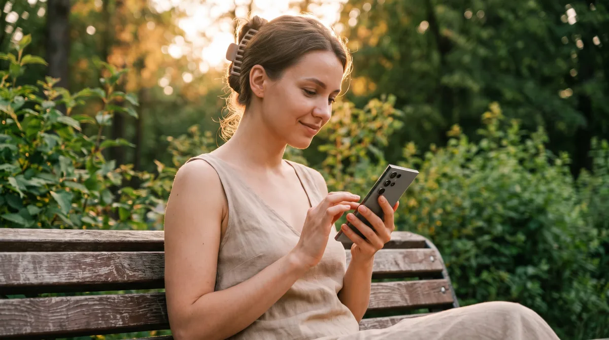 A young woman sitting on a park bench in warm afternoon light, absorbed in reading on her phone, a small smile of recognition on her face