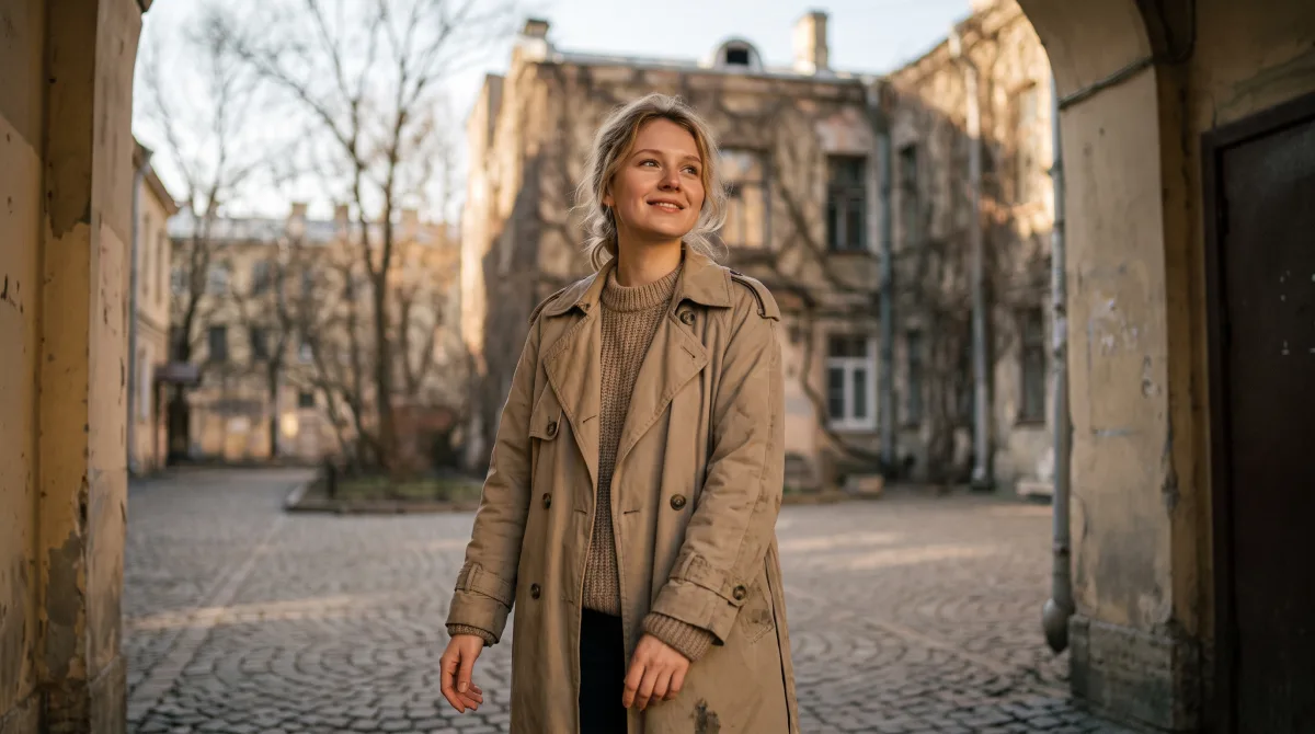 Portrait of a young woman pausing in a courtyard, glancing up with a small genuine hopeful smile in soft morning light