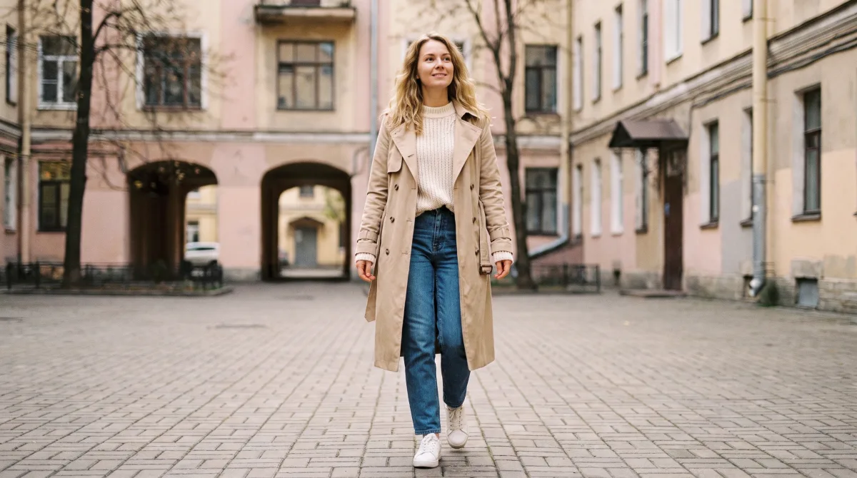 A young woman walking forward through a city courtyard in soft morning light, hands free, looking ahead hopefully