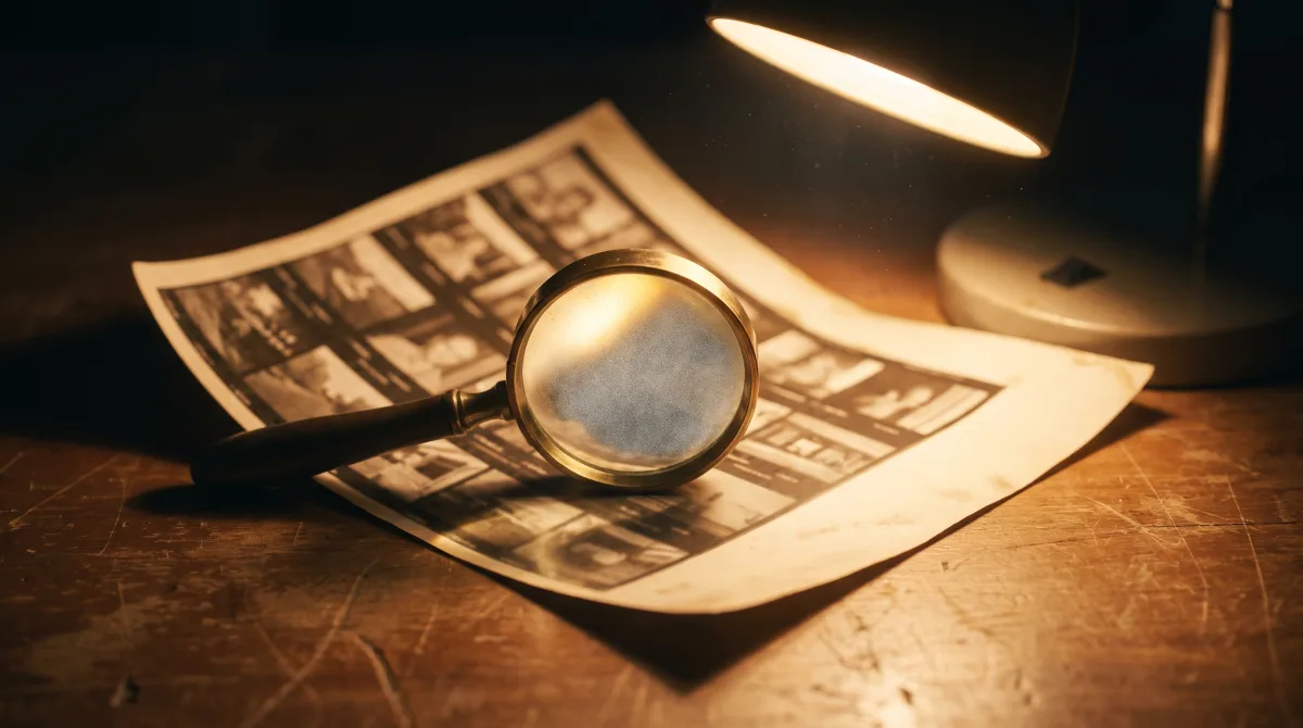 A photographer's loupe resting on a contact sheet of blurred portrait frames under warm desk light