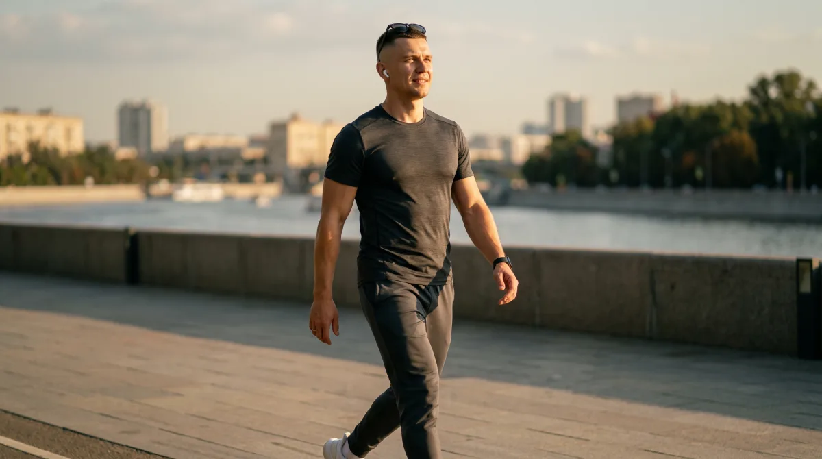 A muscular young man walking forward along a sunny river path post-run, looking ahead with a fresh, hopeful energy