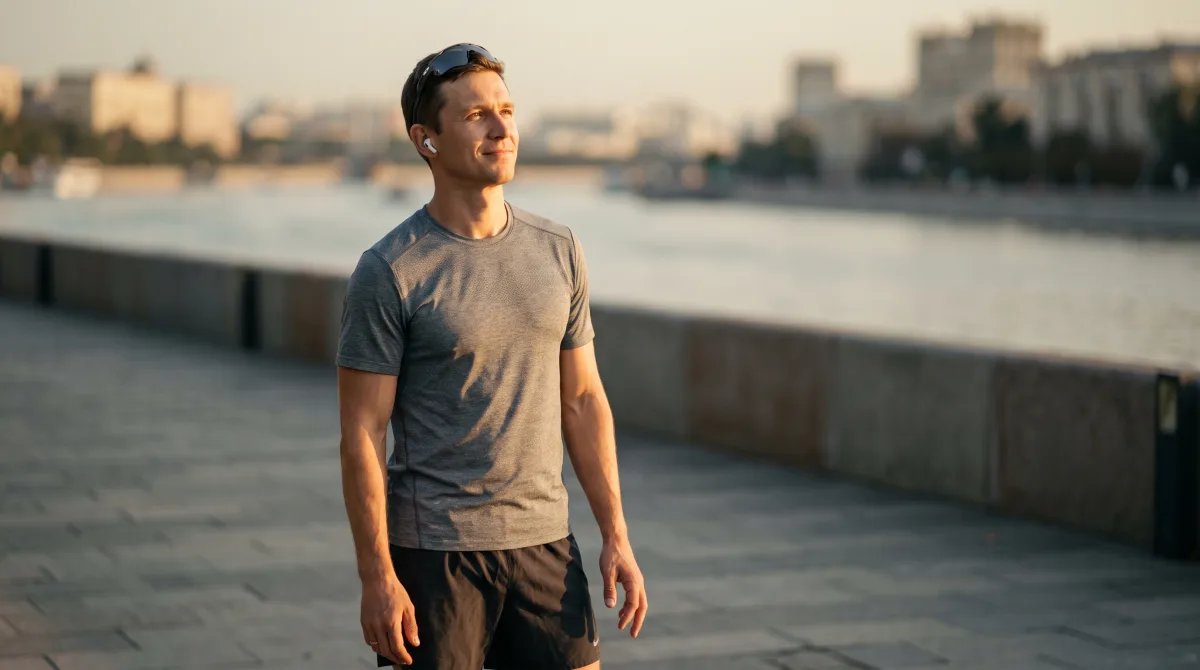 Portrait of a muscular young man pausing on a river path, glancing up with a fresh confident half-smile in golden light