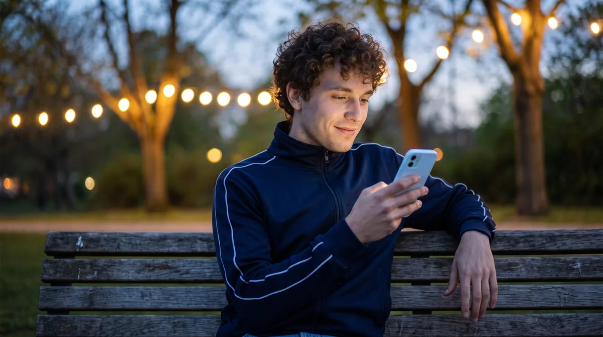 A young man sitting alone on a park bench at dusk, phone held loosely in one hand, a faint private smile, string lights softly blurred behind him