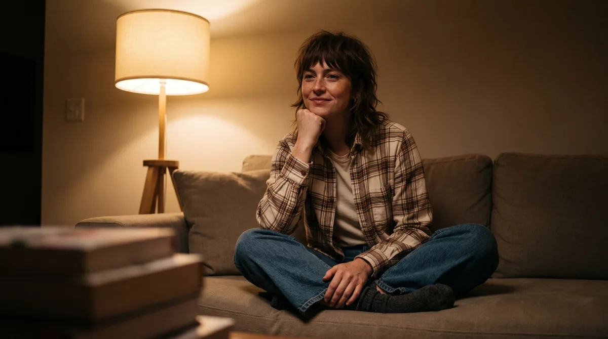 A woman sitting cross-legged on a couch in warm lamp light, wool socks, resting her chin on one hand with a faint private smile