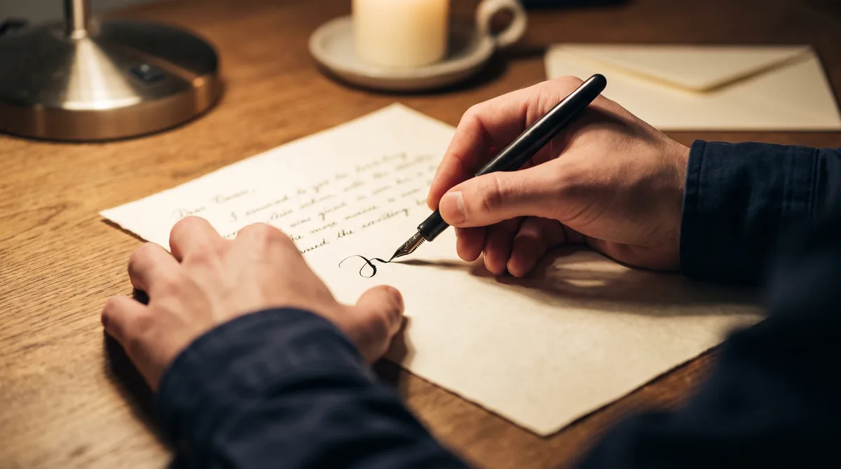 A hand writing in cursive on cream paper under a warm desk lamp at dusk