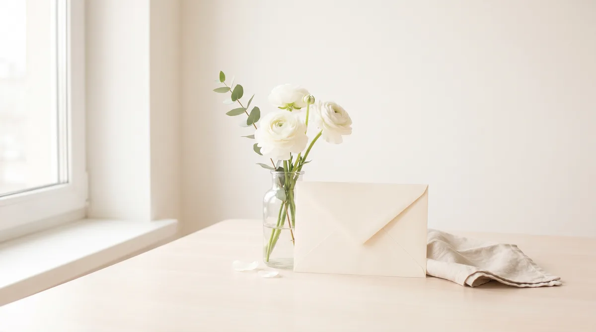 A sealed envelope propped against a small vase of flowers in morning light