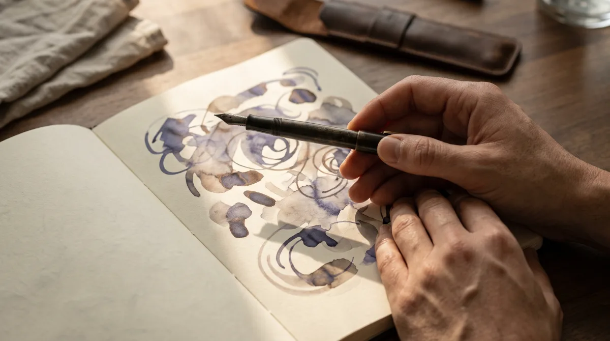 Hands holding a fountain pen above an open notebook, ink moving in loose unreadable lines across the page