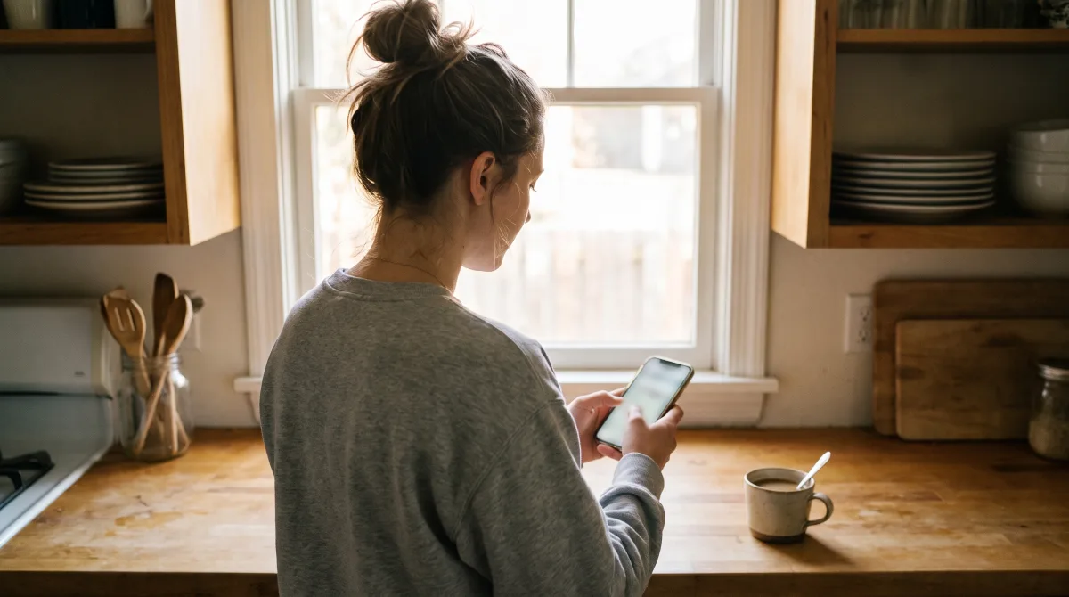 Someone typing on a phone at a kitchen counter in early morning light, the screen turned to a soft blur