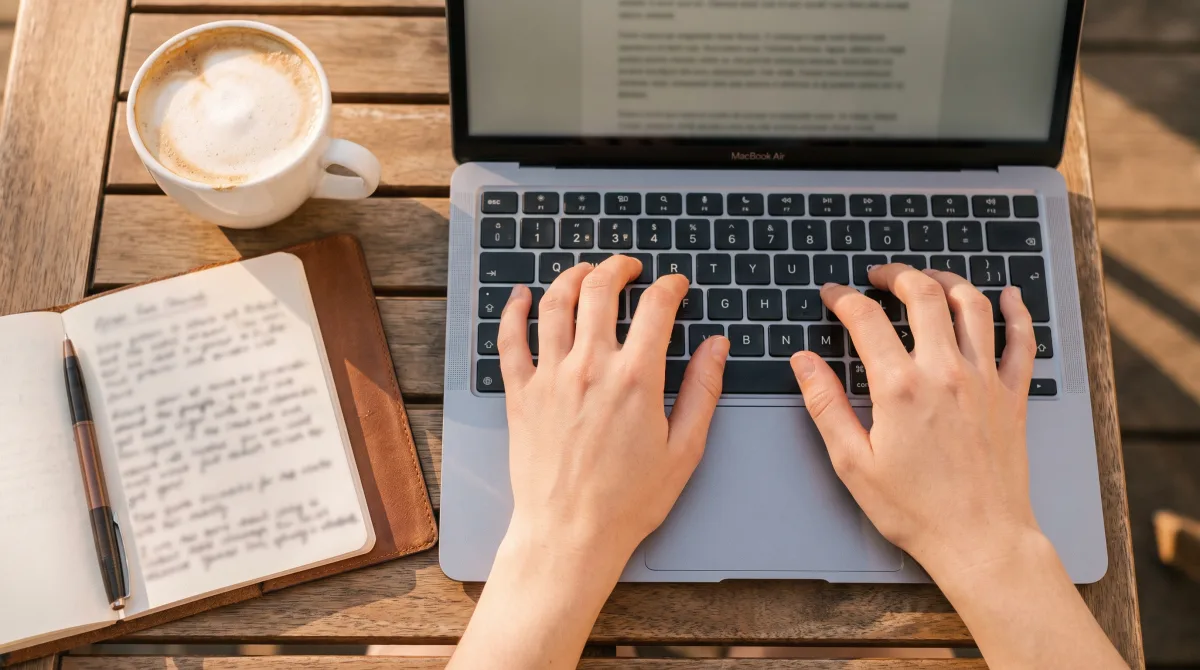 Overhead view of hands typing an essay on a laptop beside a notebook and coffee