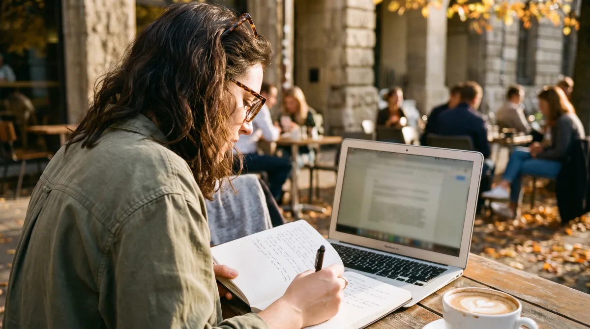 A young writer drafting a personal essay by hand at a golden-hour café terrace table