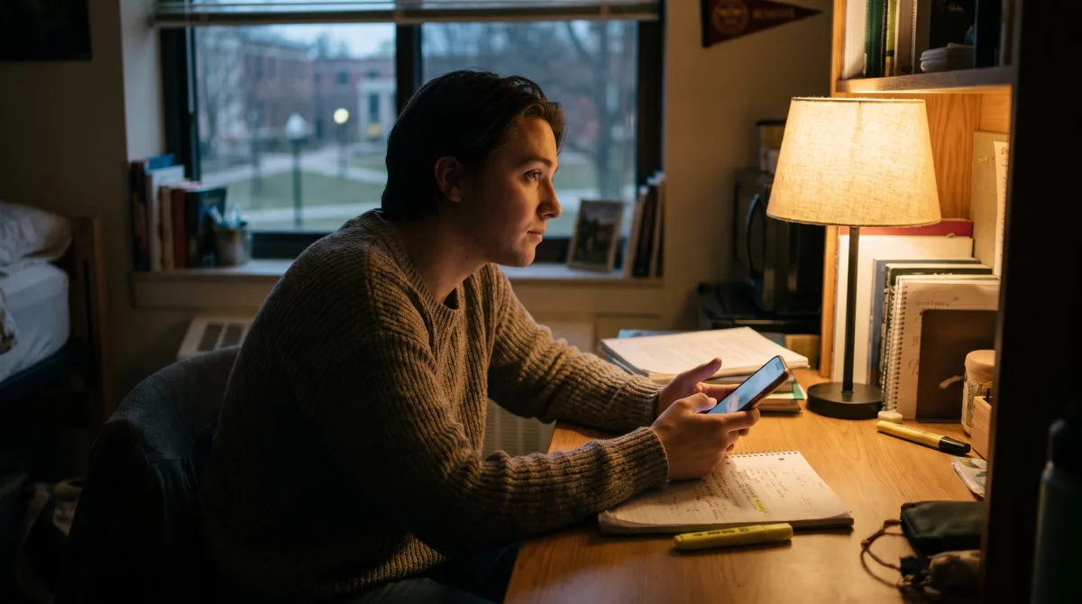 A student at a desk in warm lamplight taking their time to write a good first message