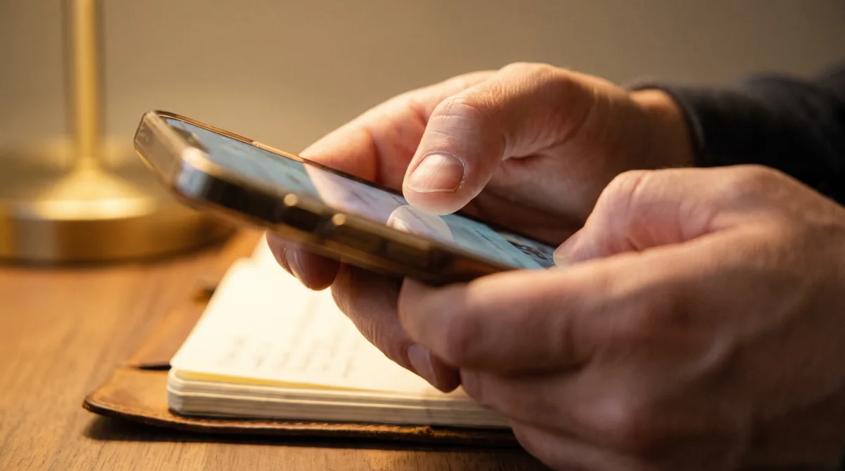 Close-up of two thumbs carefully typing the opening line of a message on a phone