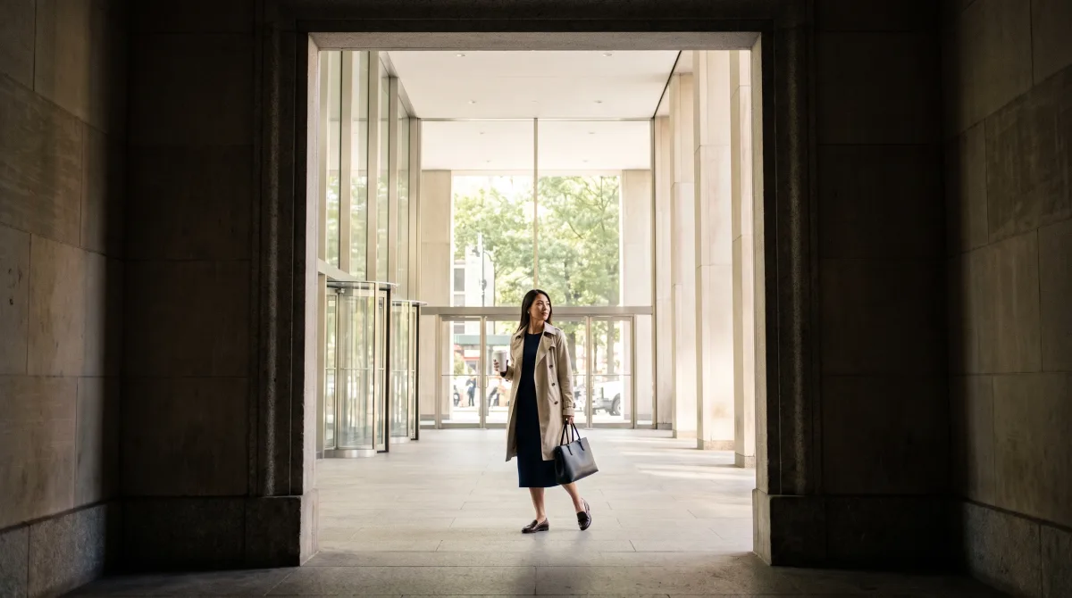 A woman standing alone in the bright entrance hall of a large building, waiting between tall glass panels and stone columns