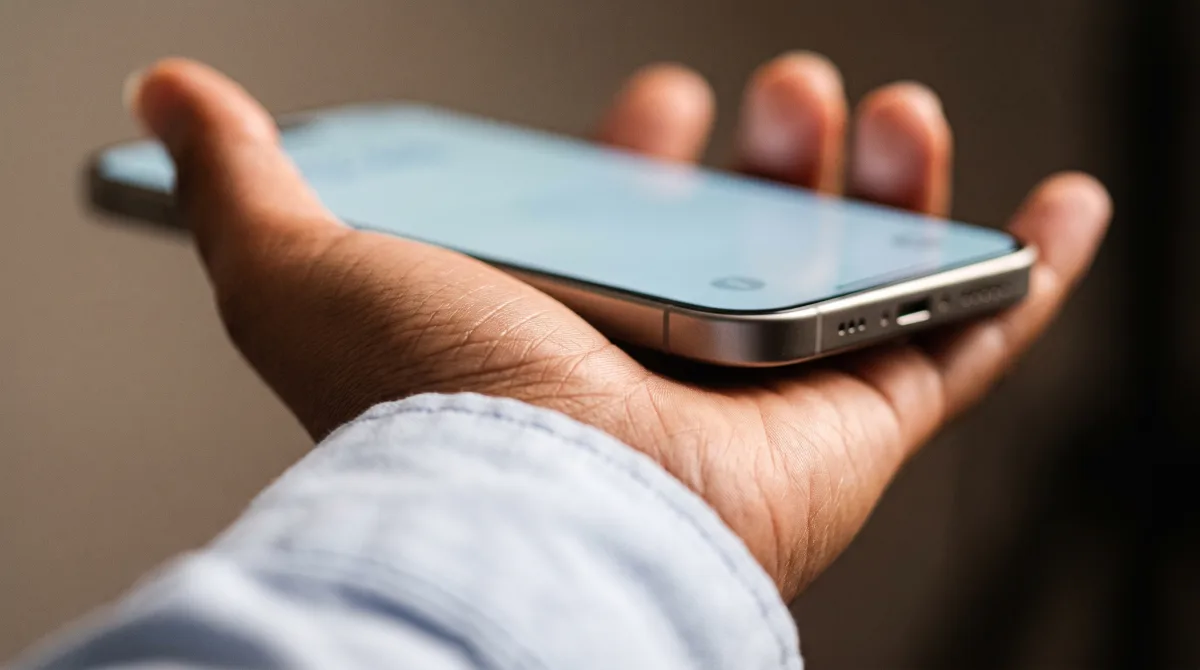 A phone lying flat on an open palm, its screen too out of focus to read