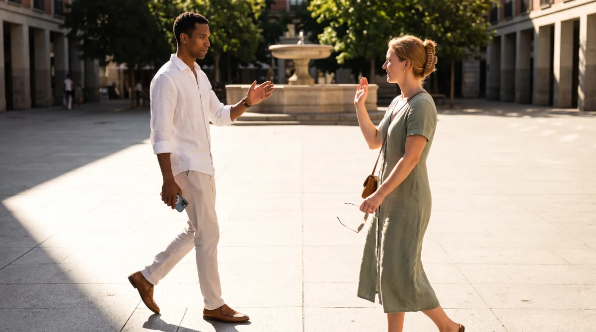 Two people meeting for the first time in an open public square, standing a step apart with the handshake not yet made