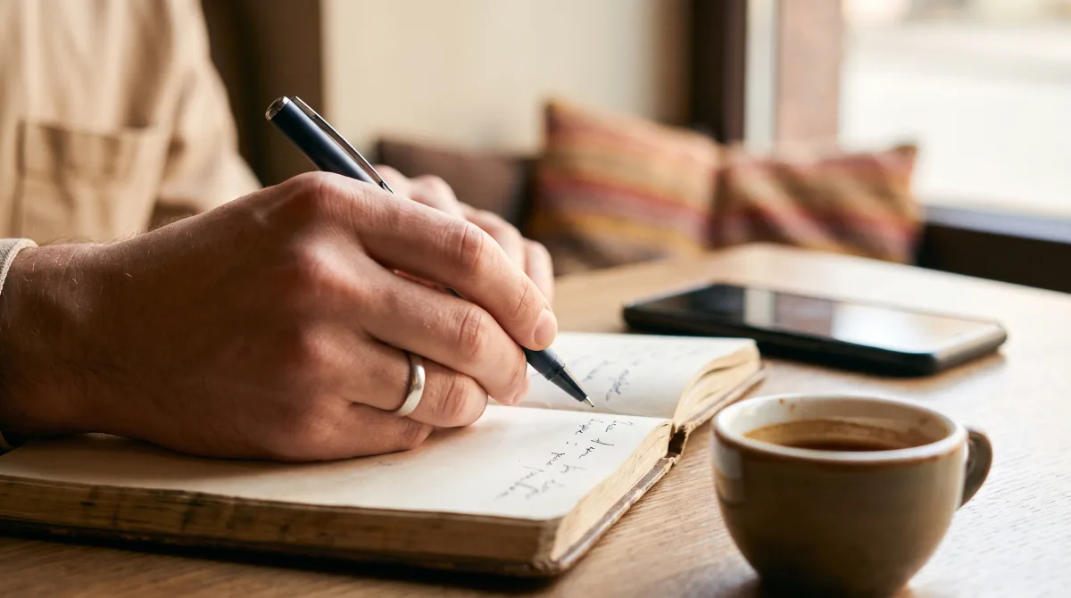 Close-up of a hand writing with a pen in an open notebook