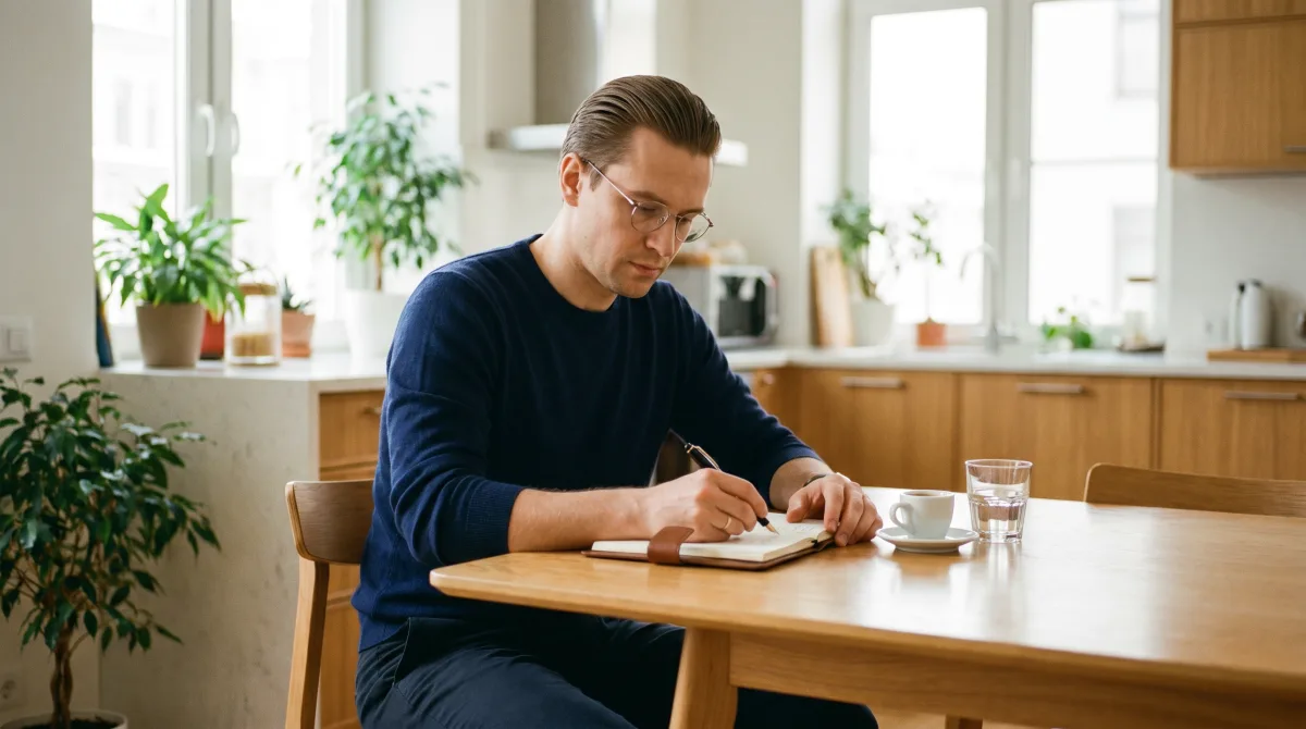 A man writing intentions in a notebook at a bright kitchen table in the morning