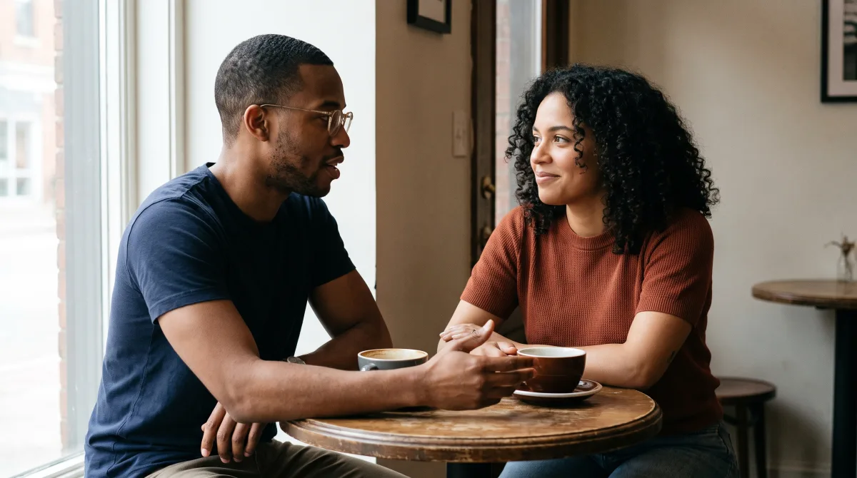 Two people lean toward each other across a small café table, one mid-sentence and the other listening closely in warm afternoon light