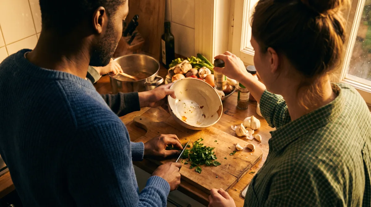 Over-the-shoulder view of two people chopping vegetables side by side at a home kitchen counter, preparing a meal together