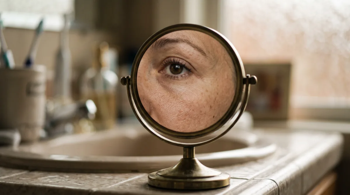 A bathroom-counter mirror in warm morning light reflecting only part of a face, the rest of the frame soft and out of focus