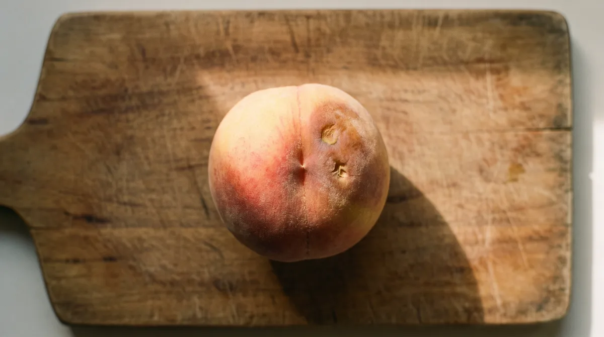 An overhead flat-lay of a single peach on a wooden board, unblemished on one side and bruised on the other, lit by warm window light