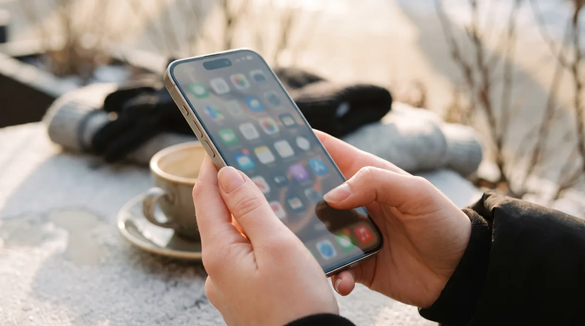 Close-up of young hands holding a phone showing a softly blurred grid of app icons being compared at a café