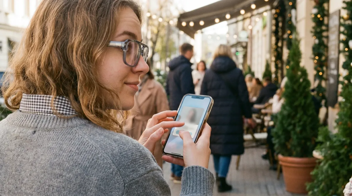 A friendly young woman at a bright café terrace comparing dating apps on her phone, curious and exploring